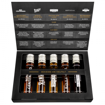 Premium Rum Tasting Set 5 x 50 ml : Ron Botucal Exclusiva, Remedy Spiced Rum, Ron Centenario 20, Don Papa 7 Jahre und Prohibido Gran Reserva 250ml