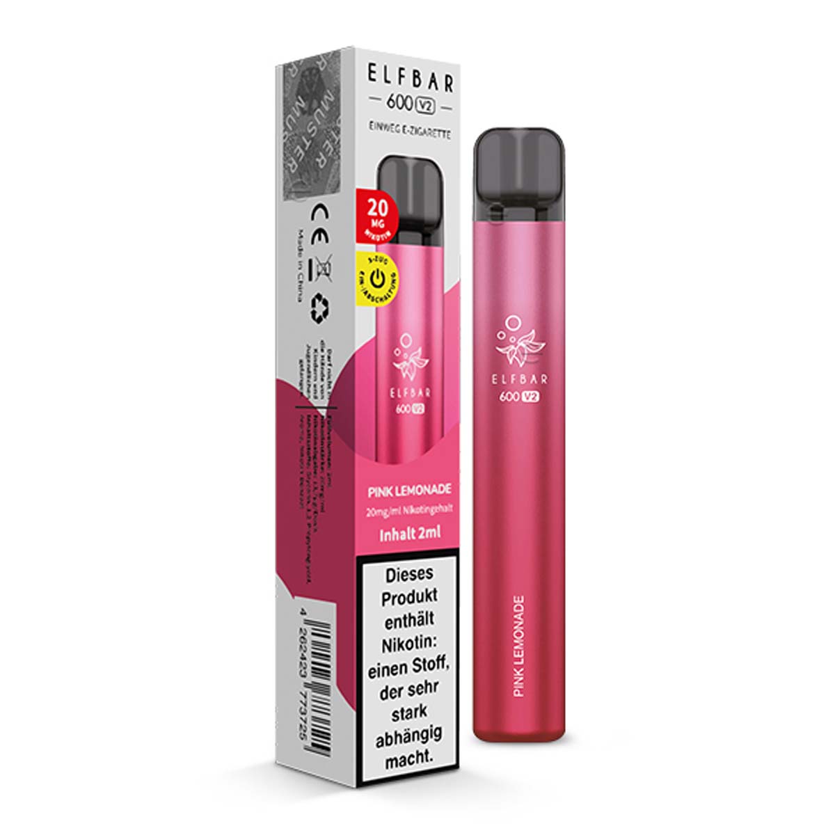 Produktbild Elf Bar 600 V2 E-Zigarette 20mg 600 Züge 550mAh NicSalt Pink Lemonade