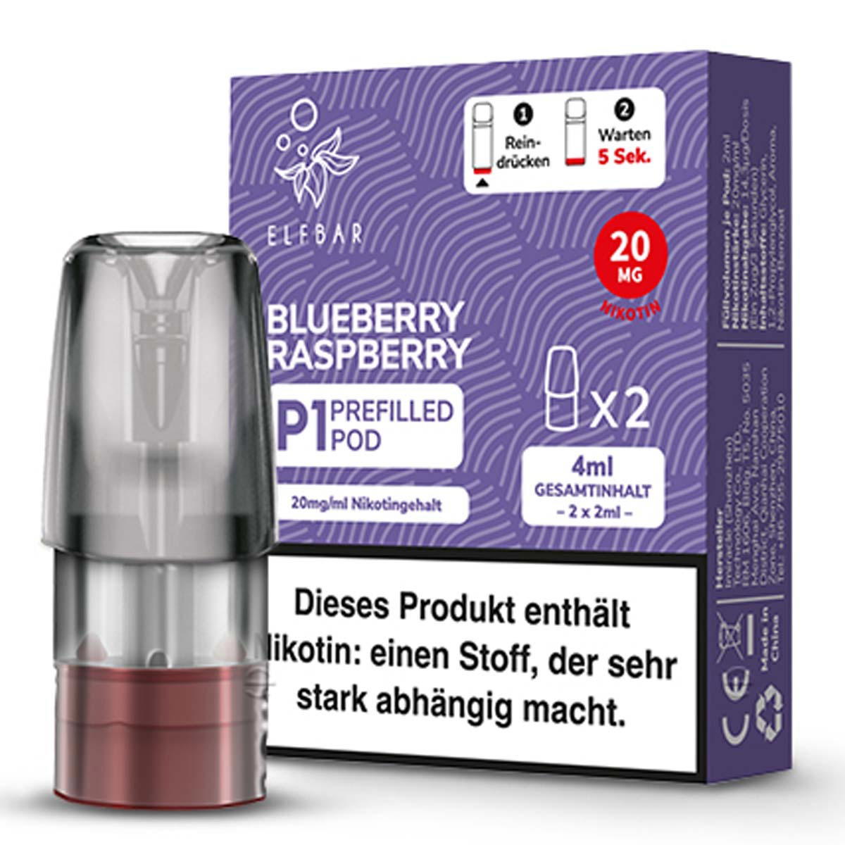 Produktbild Elf Bar Mate 500 - Blueberry Raspberry - Liquid NicSalt 20mg Prefilled Pod - 2er Pack