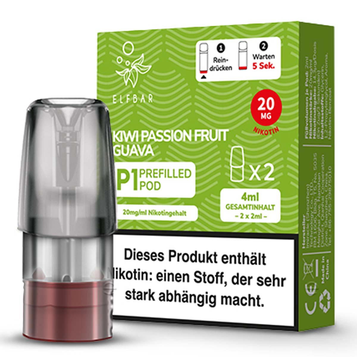 Produktbild Elf Bar Mate 500 - Kiwi Passion Fruit Guava - Liquid NicSalt 20mg Prefilled Pod - 2er Pack
