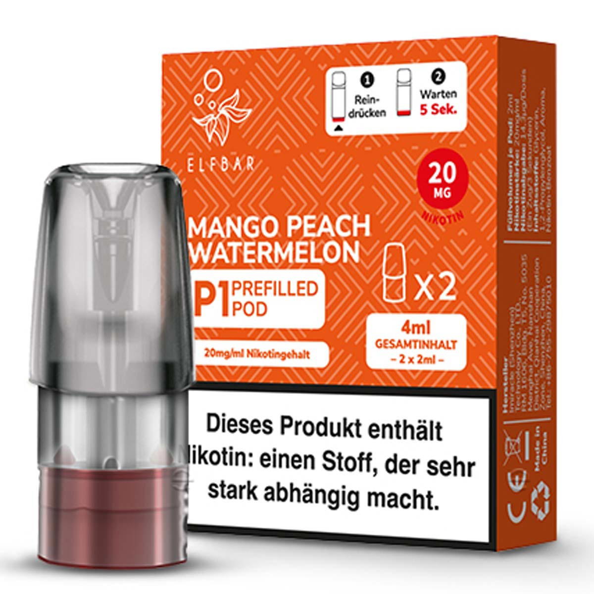 Produktbild Elf Bar Mate 500 - Mango Peach Watermelon - Liquid NicSalt 20mg Prefilled Pod - 2er Pack
