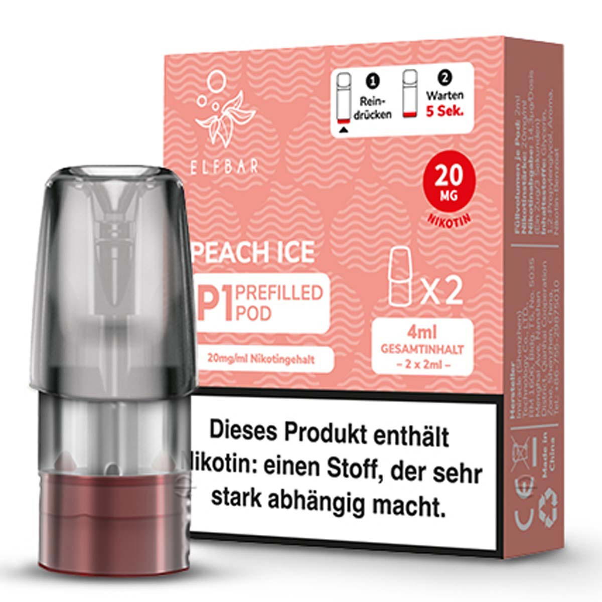 Produktbild Elf Bar Mate 500 - Peach Ice - Liquid NicSalt 20mg Prefilled Pod - 2er Pack