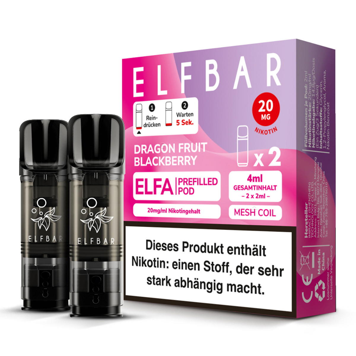 Produktbild Elfbar ELFA – Dragon Fruit Blackberry – Prefilled Pod 2er Pack