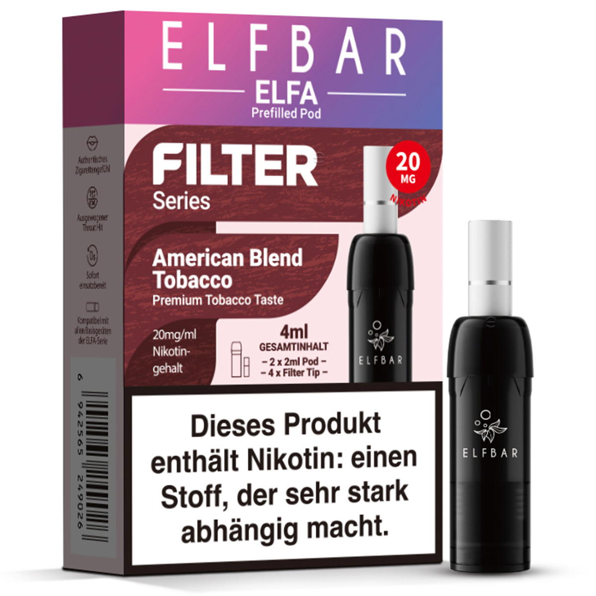 Produktbild Elfbar ELFA Filter Series – American Blend Tobacco – Prefilled Pod 2er Pack Produktbild Elfbar ELFA Filter Series – American Blend Tobacco – Prefilled Pod 2er Pack