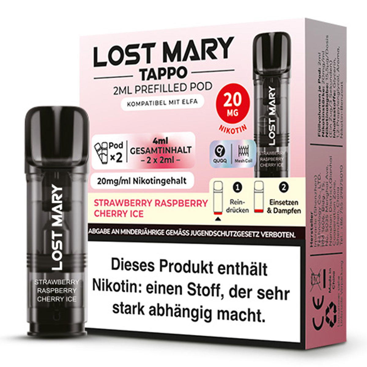 Produktbild Lost Mary Tappo – Strawberry Raspberry Cherry Ice – Prefilled Pod 2er Pack 2ml 20mg