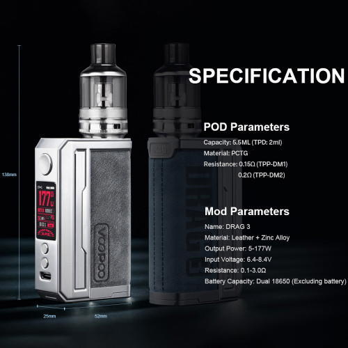 VooPoo Drag 3 5,5ml 177W Kit inkl. TPP Tank Grau